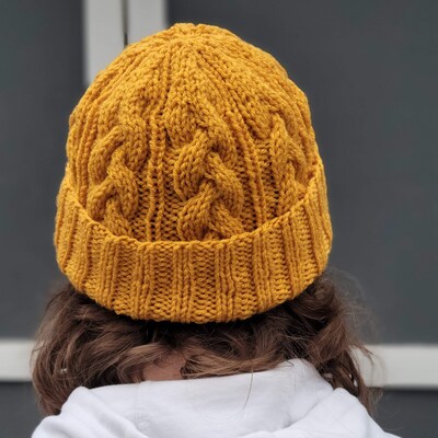 Classic Cable Knit Beanie with Folding Brim in Mustard - image3